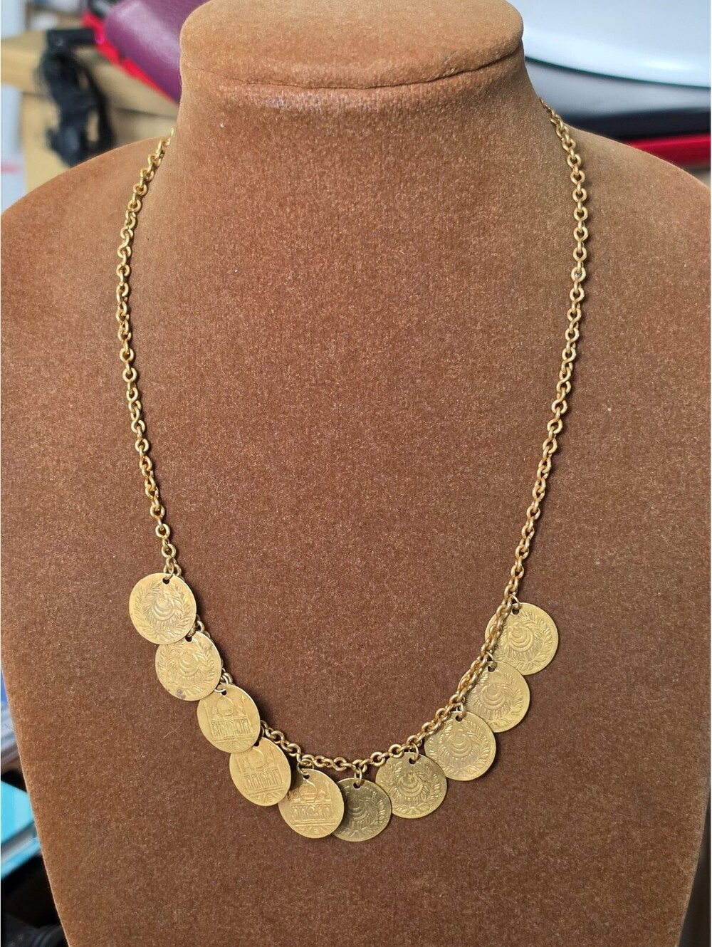 Antique Goldtone 10 Coins Charm Necklace 16"